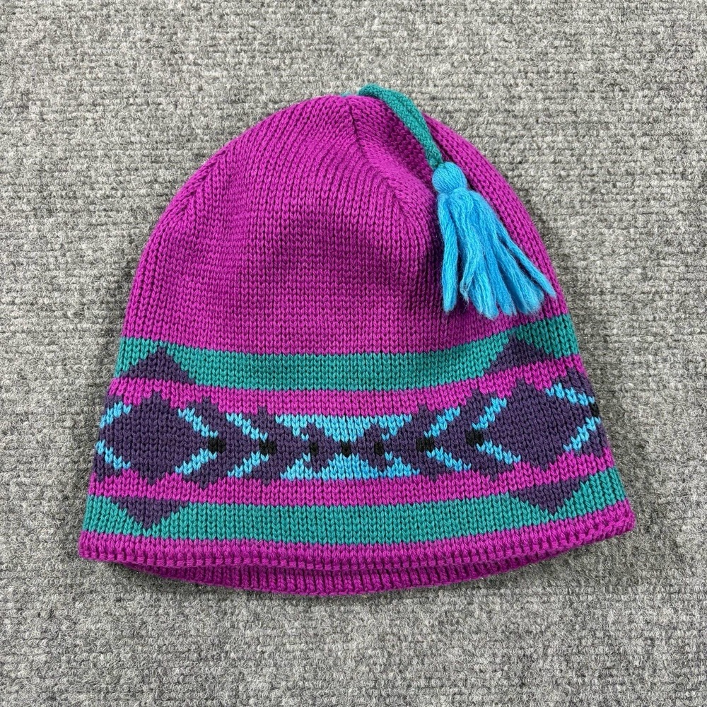 Wigwam Wool Hat Purple Tassel Beanie Winter Knit Ski Vintage USA 90s